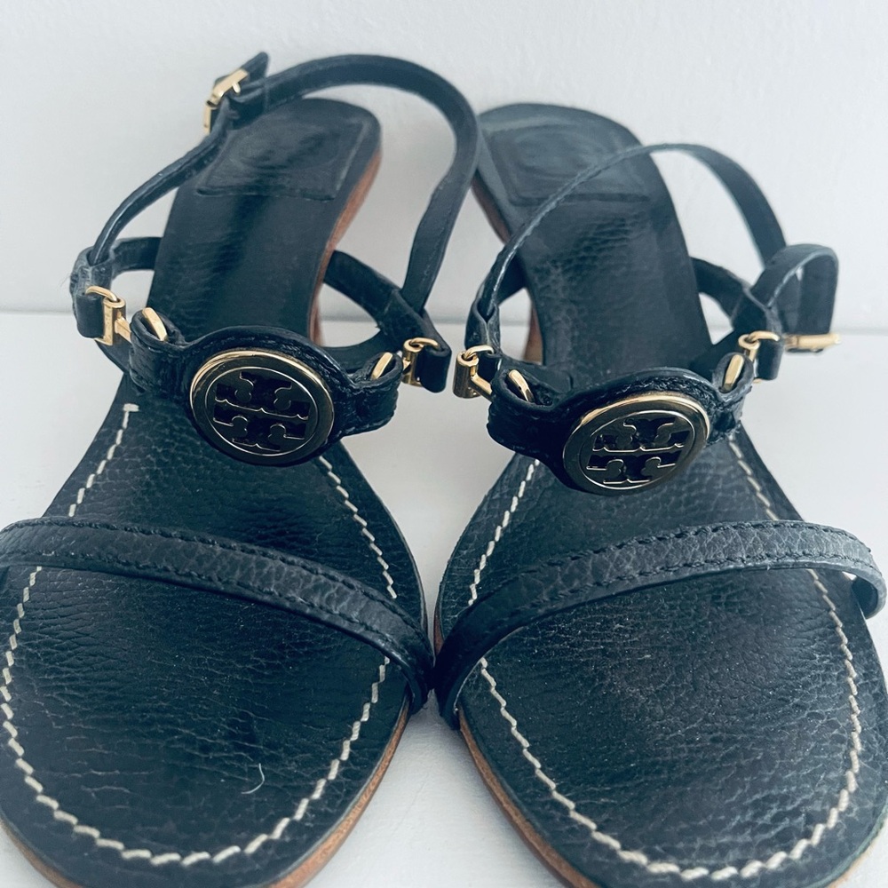 Tory Burch Black Sandals with Gold Embellishments